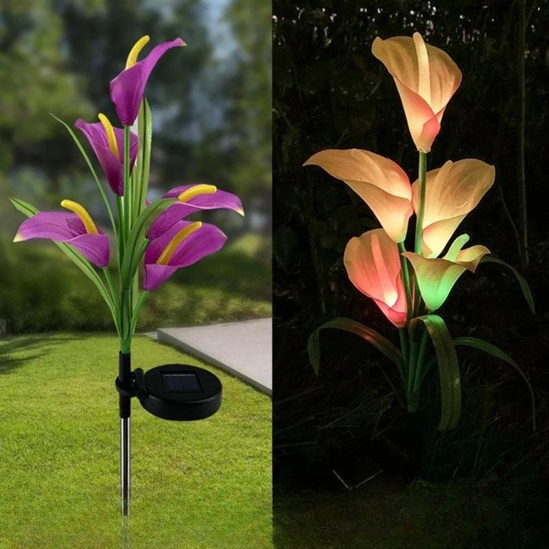 Casa si Gradina - Corpuri si surse de iluminat - Iluminat exterior - Lampi solare - Lumina solara LED tip Crin cu 5 flori, inaltime 75 cm, pentru gradina, Flippy - Infinity.ro