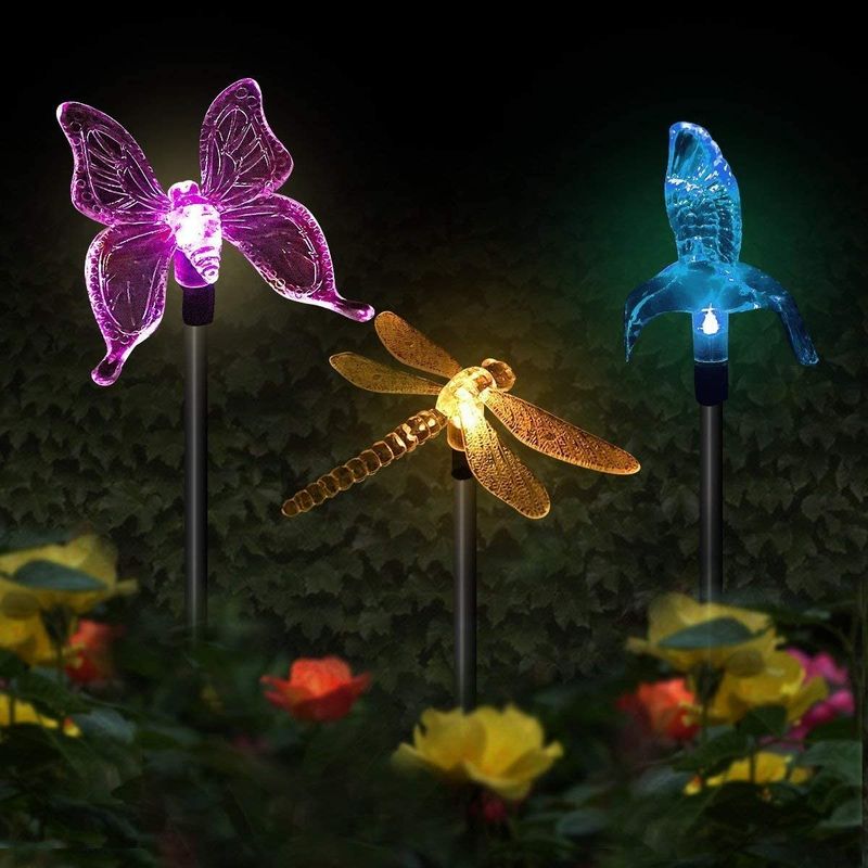 Casa si Gradina - Corpuri si surse de iluminat - Iluminat exterior - Lampi solare - Set 3 Lampi Solare LED tip pasare-fluture-libelula, Inaltime 43 cm, Flippy, Multicolor - Infinity.ro