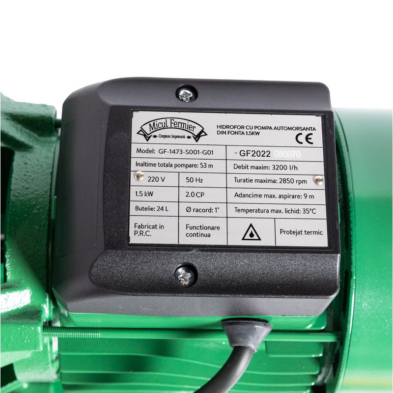 Casa si Gradina - Gradinarit si plante - Instalatii si accesorii pentru irigatii - Pompe apa - Hidrofor 24 L cu pompa autoamorsanta din fonta Micul Fermier 1500 W, 3.2 mc/h, 53 m refulare - Infinity.ro