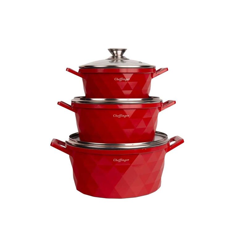 Casa si Gradina - Bucatarie si vesela - Vase pentru gatit - Oale si cratite - Set 3 cratite cu capac CF-DIAC03-RED, acoperire din marmura,20-24-28cm/2L-3.5L-5.7L, anti lipre - Infinity.ro