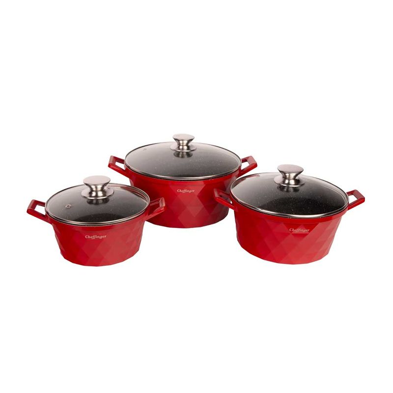 Casa si Gradina - Bucatarie si vesela - Vase pentru gatit - Oale si cratite - Set 3 cratite cu capac CF-DIAC03-RED, acoperire din marmura,20-24-28cm/2L-3.5L-5.7L, anti lipre - Infinity.ro