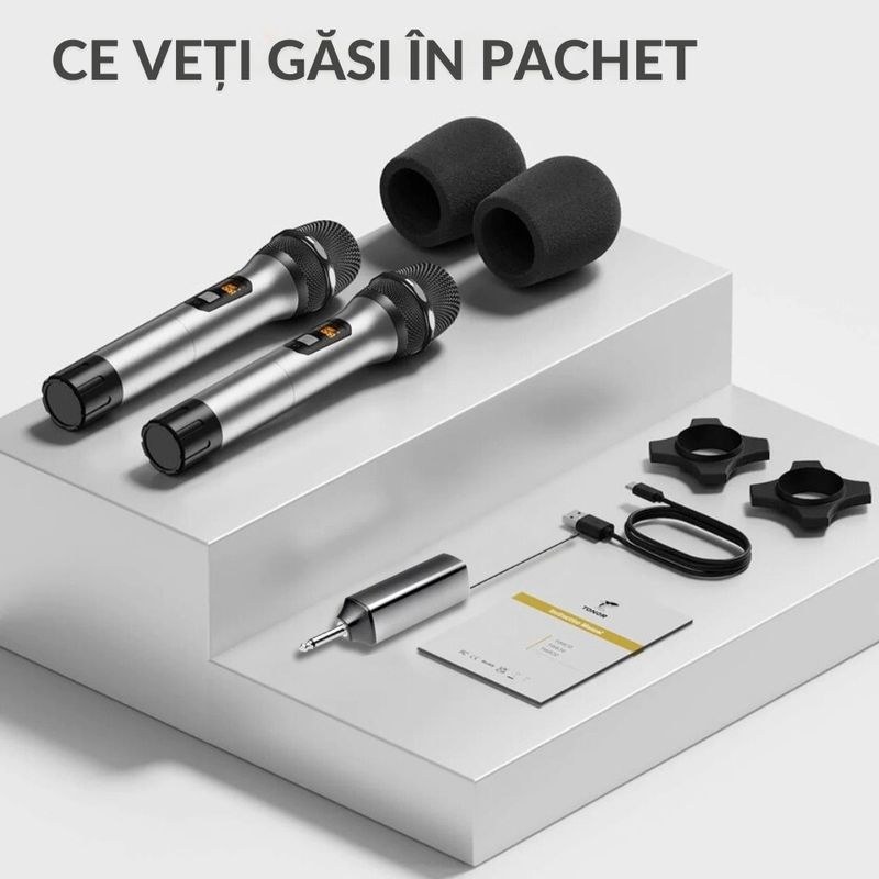 TV, Audio-Video si Foto - Audio profesionale - Microfoane profesionale - Microfon Wireless Profesional, Dual UHF Dinamic, Cardioid, Functie anulare zgomot, Tonor TW630, Afisaj Led, Gri, SET 2 - Infinity.ro