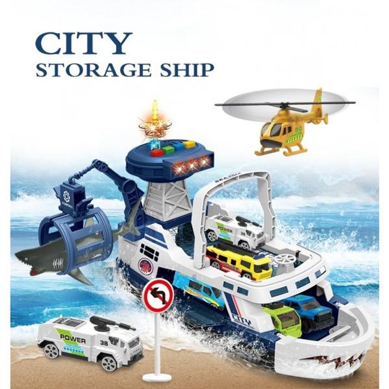 Jucarii, Copii si Bebe - Jucarii si jocuri - Vehicule si jucarii cu telecomanda - Elicoptere, avioane si nave de jucarie - Barca pentru copii cu macara si catapulta culoare albastra Shark Attack - Infinity.ro