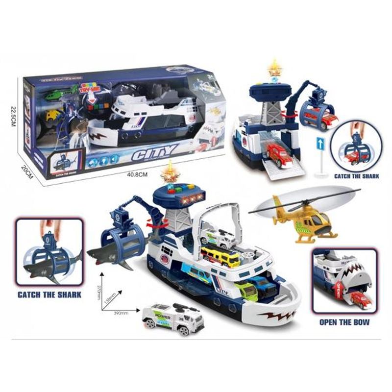 Jucarii, Copii si Bebe - Jucarii si jocuri - Vehicule si jucarii cu telecomanda - Elicoptere, avioane si nave de jucarie - Barca pentru copii cu macara si catapulta culoare albastra Shark Attack - Infinity.ro