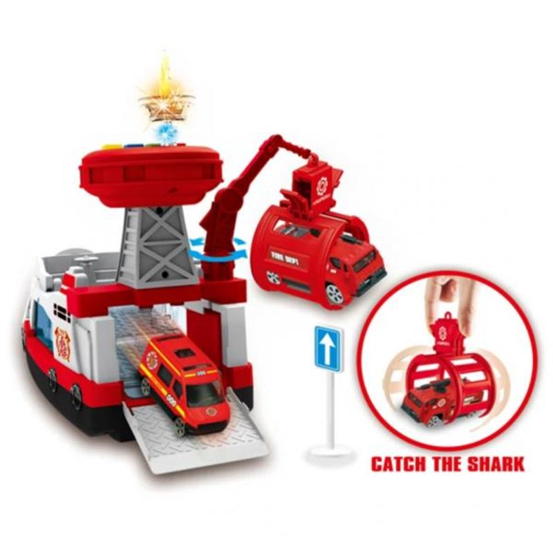 Jucarii, Copii si Bebe - Jucarii si jocuri - Vehicule si jucarii cu telecomanda - Elicoptere, avioane si nave de jucarie - Barca de pompieri cu macara si catapulta Shark Attack - Infinity.ro