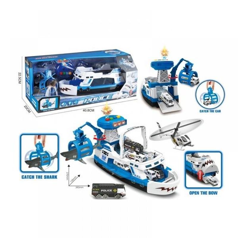 Jucarii, Copii si Bebe - Jucarii si jocuri - Vehicule si jucarii cu telecomanda - Elicoptere, avioane si nave de jucarie - Barca de politie cu macara si catapulta Shark Attack - Infinity.ro
