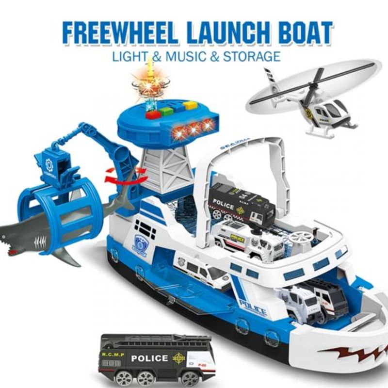 Jucarii, Copii si Bebe - Jucarii si jocuri - Vehicule si jucarii cu telecomanda - Elicoptere, avioane si nave de jucarie - Barca de politie cu macara si catapulta Shark Attack - Infinity.ro