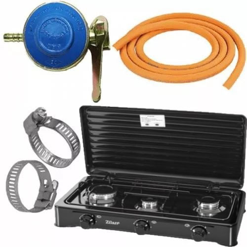 Pachet Aragaz cu trei ochiuri, Negru, 2m furtun pentru gaz, Ceas pentru butelie, 2xColiere pentru furtunul de gaz, zilan