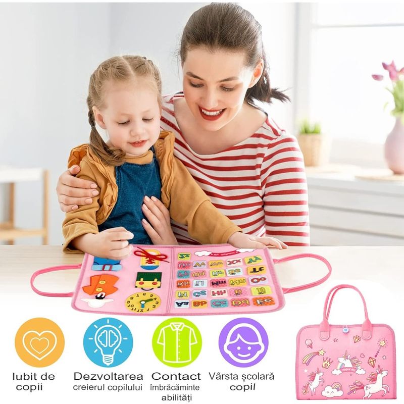 Carti si Birotica - Carti - Carti pentru copii - Carti interactive - Carte Senzoriala Educativa Montessori, Flippy, Dezvoltare Abilitati Motorii, 5 Pagini, Model Unicorni, 28x22x7 cm, Roz - Infinity.ro