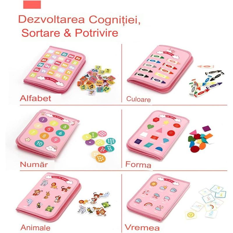 Carti si Birotica - Carti - Carti pentru copii - Carti interactive - Carte Senzoriala Educativa Montessori, Flippy, Dezvoltare Abilitati Motorii, 5 Pagini, Model Unicorni, 28x22x7 cm, Roz - Infinity.ro
