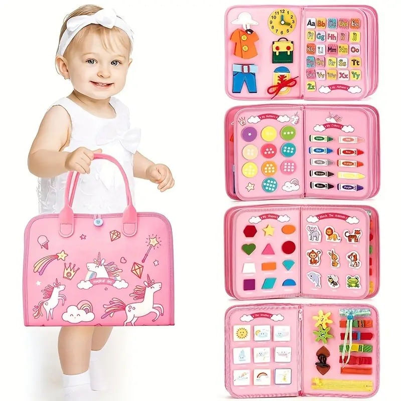 Carti si Birotica - Carti - Carti pentru copii - Carti interactive - Carte Senzoriala Educativa Montessori, Flippy, Dezvoltare Abilitati Motorii, 5 Pagini, Model Unicorni, 28x22x7 cm, Roz - Infinity.ro