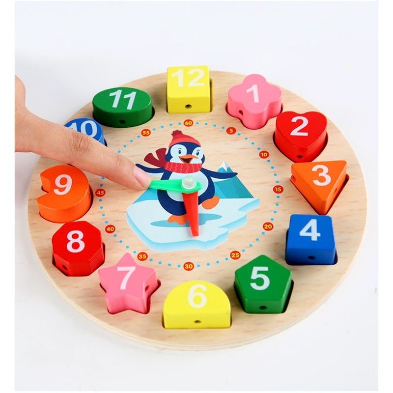 Jucarii, Copii si Bebe - Jucarii si jocuri - Jucarii & jocuri educative - Jocuri si jucarii educative - Jucarie Educativa Flippy, Tip Montessori, Model Ceas Pinguin, din Lemn, + 36 Luni, 12 Piese, 17.2 cm, Multicolor - Infinity.ro