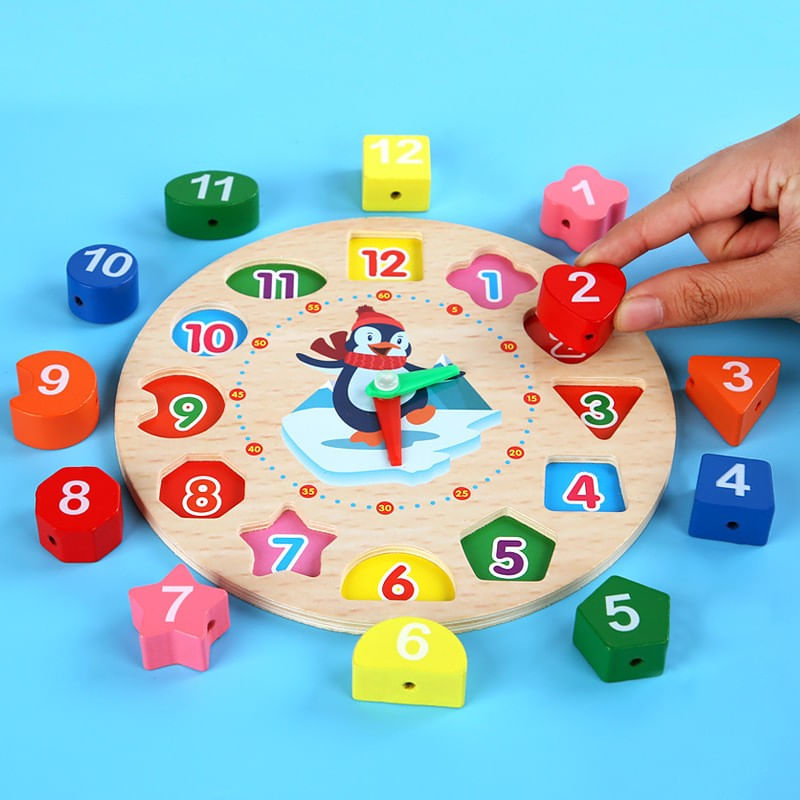 Jucarii, Copii si Bebe - Jucarii si jocuri - Jucarii & jocuri educative - Jocuri si jucarii educative - Jucarie Educativa Flippy, Tip Montessori, Model Ceas Pinguin, din Lemn, + 36 Luni, 12 Piese, 17.2 cm, Multicolor - Infinity.ro