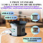 Casa si Gradina - Electrice - Prize - Priza incorporabila retractabila ATOMKIT® One, incarcare wireless 15W, 3 prize, 2 porturi USB, 1.5M cablu, Negru - Infinity.ro