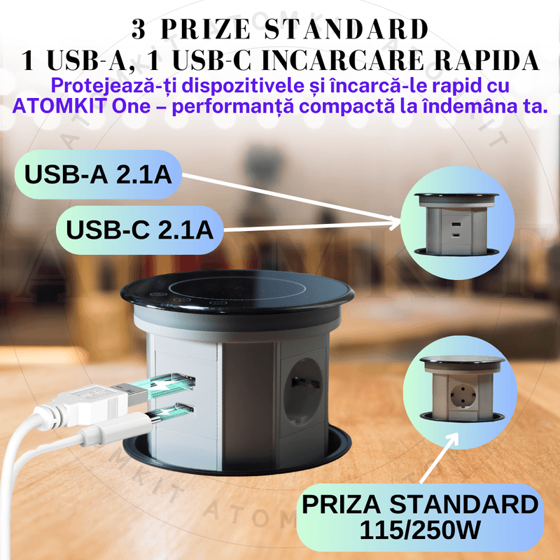 Casa si Gradina - Electrice - Prize - Priza incorporabila retractabila ATOMKIT® One, incarcare wireless 15W, 3 prize, 2 porturi USB, 1.5M cablu, Negru - Infinity.ro
