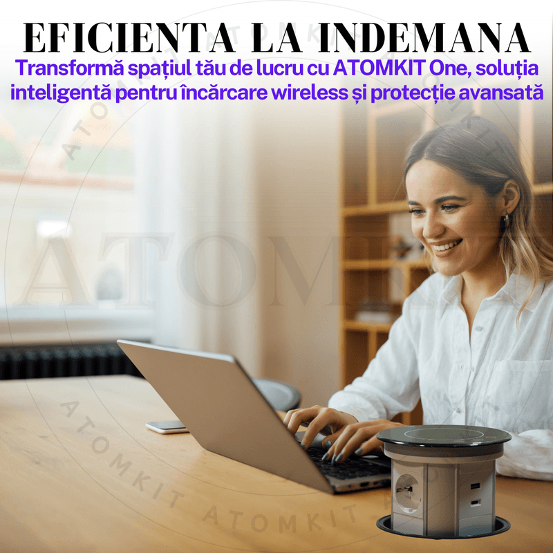 Casa si Gradina - Electrice - Prize - Priza incorporabila retractabila ATOMKIT® One, incarcare wireless 15W, 3 prize, 2 porturi USB, 1.5M cablu, Negru - Infinity.ro