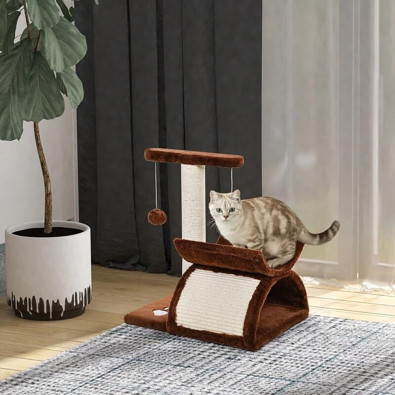 Petshop - Accesorii petshop - Jucarii animale - Ansambluri de joaca - Ansamblu de joaca pentru pisici, cu platforma, culcus si ciucuri, maro si bej, 40x30x43 cm - Infinity.ro