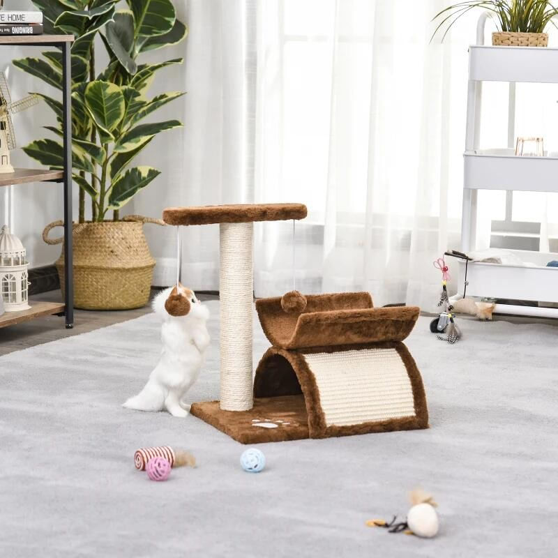 Petshop - Accesorii petshop - Jucarii animale - Ansambluri de joaca - Ansamblu de joaca pentru pisici, cu platforma, culcus si ciucuri, maro si bej, 40x30x43 cm - Infinity.ro