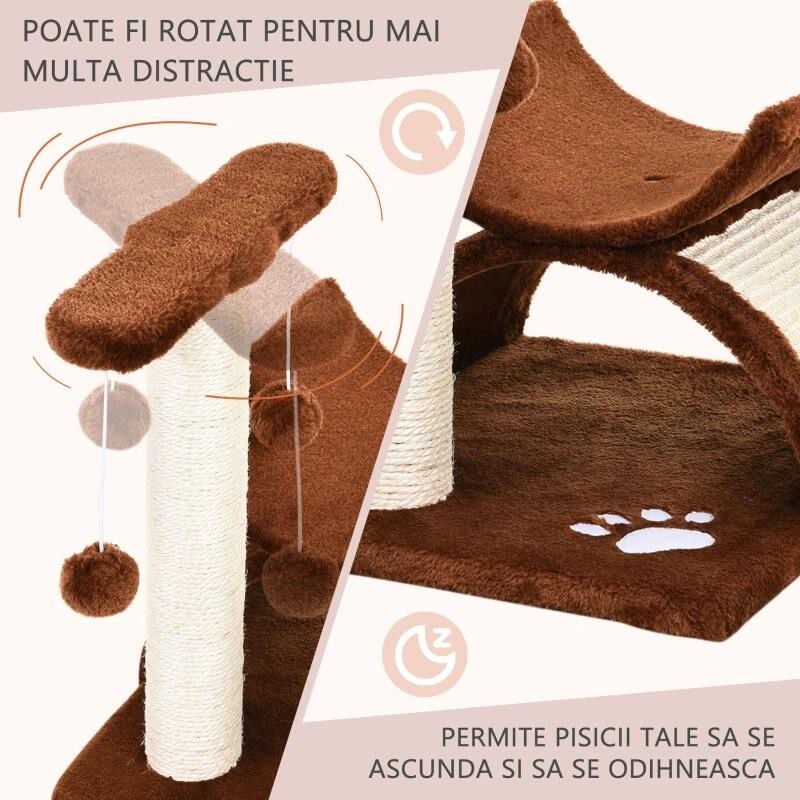 Petshop - Accesorii petshop - Jucarii animale - Ansambluri de joaca - Ansamblu de joaca pentru pisici, cu platforma, culcus si ciucuri, maro si bej, 40x30x43 cm - Infinity.ro