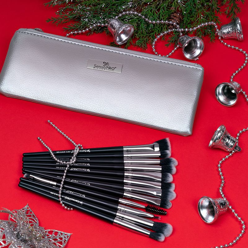 Ingrijire personala si Cosmetice - Machiaj - Aplicatoare si pensule machiaj - Set 12 pensule machiaj Senso Pro Milano Black Silver + Borseta - Infinity.ro