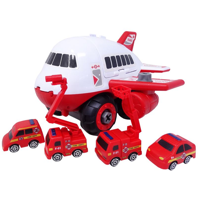 Jucarii, Copii si Bebe - Jucarii si jocuri - Vehicule si jucarii cu telecomanda - Elicoptere, avioane si nave de jucarie - Set constructie avion pompieri rosu cu 4 masinute, salamandra kids® - Infinity.ro