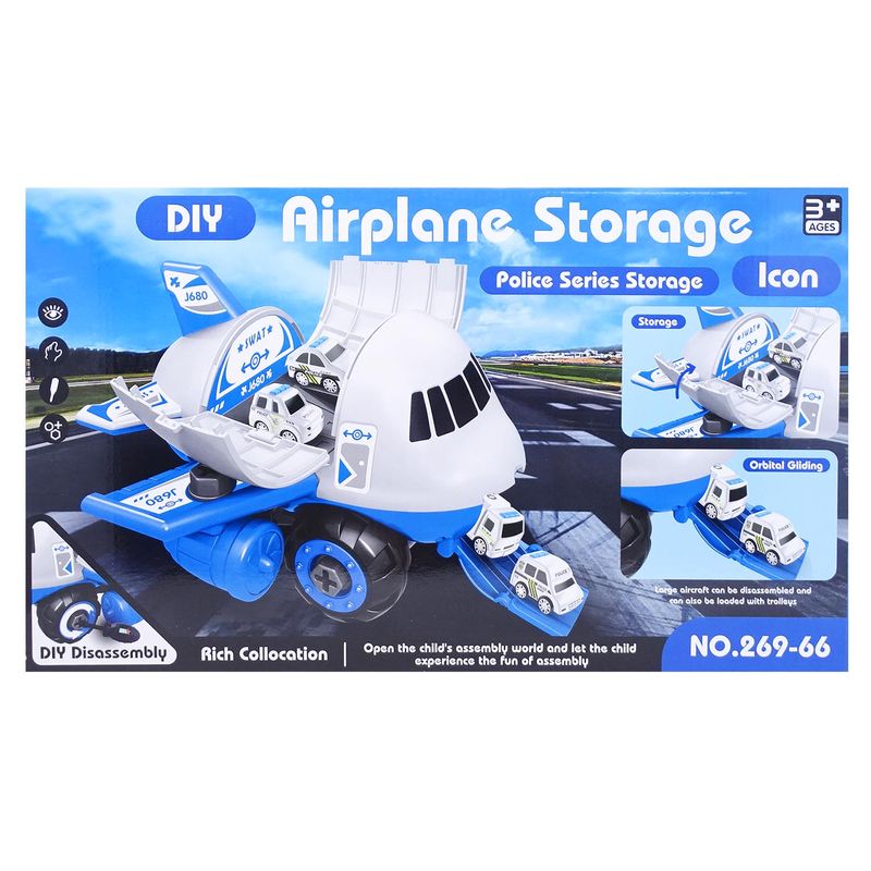 Jucarii, Copii si Bebe - Jucarii si jocuri - Vehicule si jucarii cu telecomanda - Elicoptere, avioane si nave de jucarie - Set constructie avion politie albastru cu 4 masinute, salamandra kids® - Infinity.ro