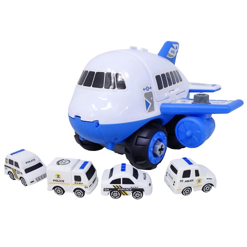 Jucarii, Copii si Bebe - Jucarii si jocuri - Vehicule si jucarii cu telecomanda - Elicoptere, avioane si nave de jucarie - Set constructie avion politie albastru cu 4 masinute, salamandra kids® - Infinity.ro