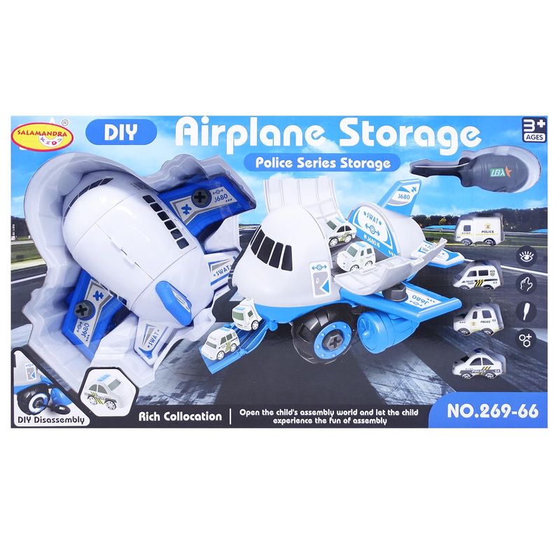Jucarii, Copii si Bebe - Jucarii si jocuri - Vehicule si jucarii cu telecomanda - Elicoptere, avioane si nave de jucarie - Set constructie avion politie albastru cu 4 masinute, salamandra kids® - Infinity.ro
