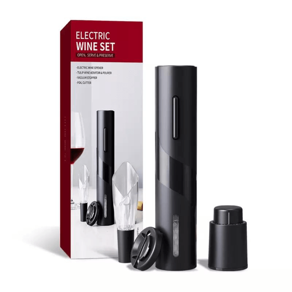 Tirbuson electric, Danex, set, accesoriu taiat folie, aerator vin, dop, Negru