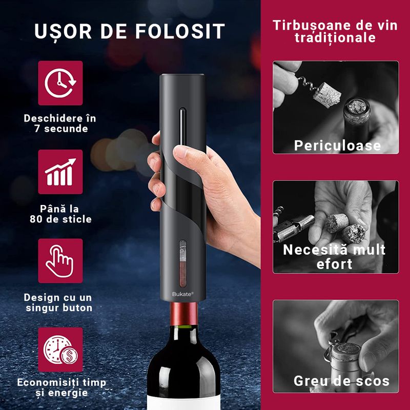 Casa si Gradina - Bucatarie si vesela - Accesorii bar - Tirbusoane si dopuri - Set Tirbuson Electric, 4 in 1cu Taietor de Folie, Dop de Vid si Aerator de Vin, Negru, Bukate® - Infinity.ro