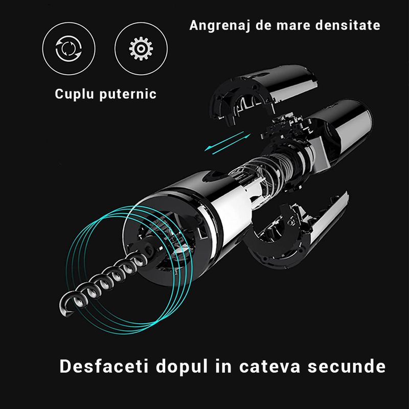 Casa si Gradina - Bucatarie si vesela - Accesorii bar - Tirbusoane si dopuri - Set Tirbuson Electric, 4 in 1cu Taietor de Folie, Dop de Vid si Aerator de Vin, Negru, Bukate® - Infinity.ro