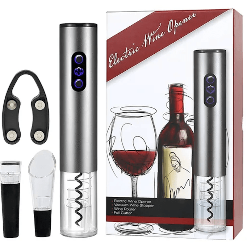 Casa si Gradina - Bucatarie si vesela - Accesorii bar - Tirbusoane si dopuri - Tirbuson electric, Danex, Set deschizator de sticle electric cu patru piese, dop vacuum, palnie vin, cutter folie, punca, Gri - Infinity.ro