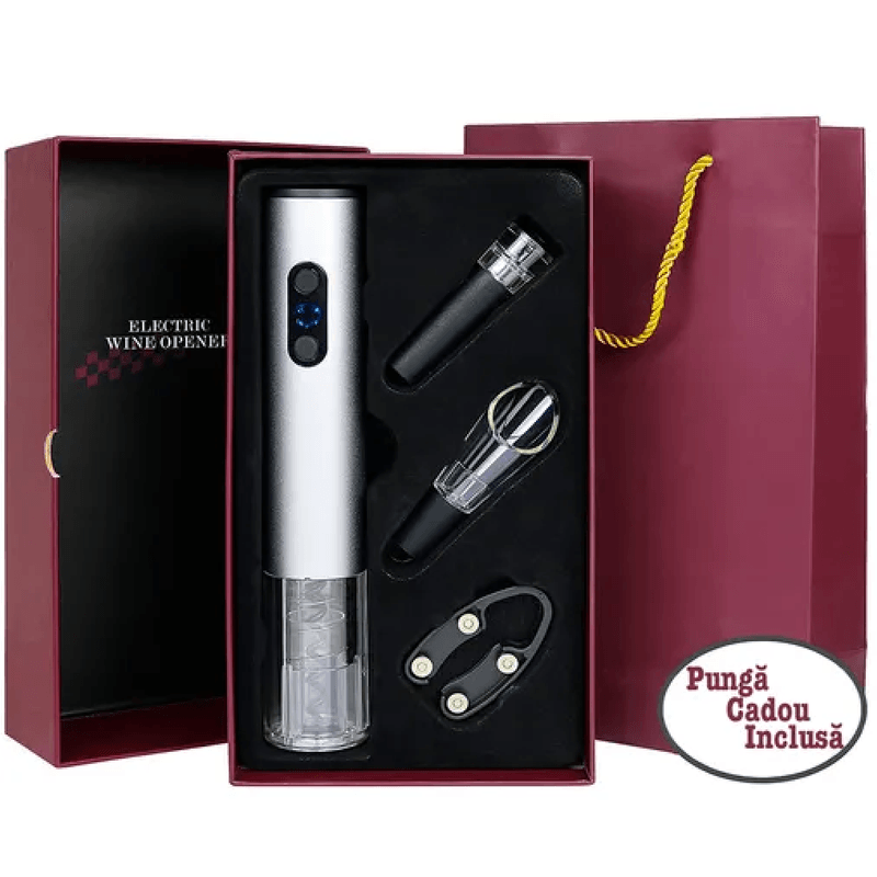 Casa si Gradina - Bucatarie si vesela - Accesorii bar - Tirbusoane si dopuri - Tirbuson electric, Danex, Set deschizator de sticle electric cu patru piese, dop vacuum, palnie vin, cutter folie, punca, Gri - Infinity.ro