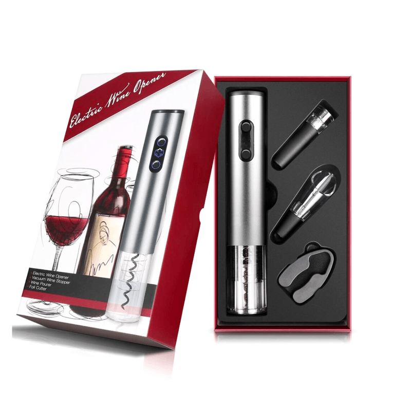 Casa si Gradina - Bucatarie si vesela - Accesorii bar - Tirbusoane si dopuri - Tirbuson electric, Danex, Set deschizator de sticle electric cu patru piese, dop vacuum, palnie vin, cutter folie, punca, Gri - Infinity.ro