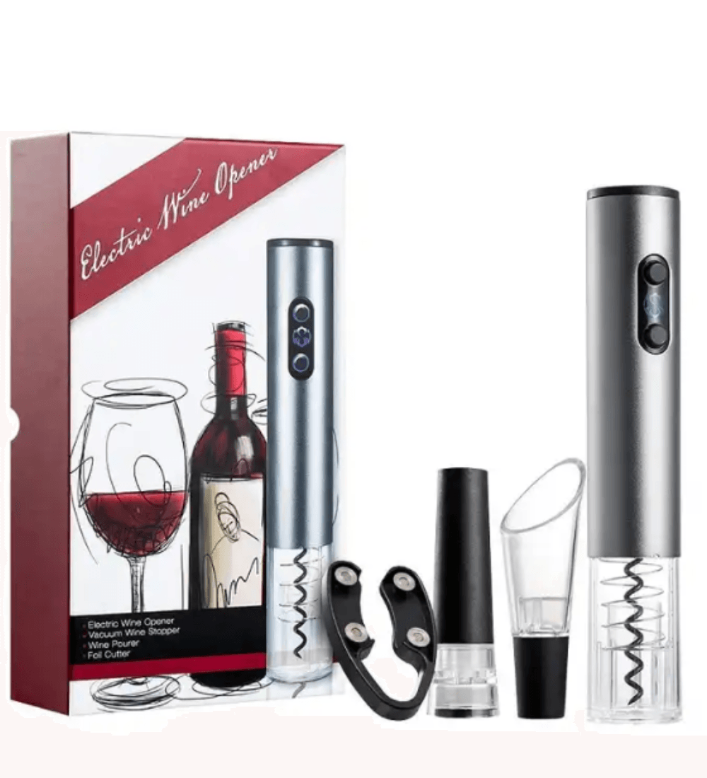 Tirbuson electric, Danex, Set deschizator de sticle electric cu patru piese, dop vacuum, palnie vin, cutter folie, punca, Gri