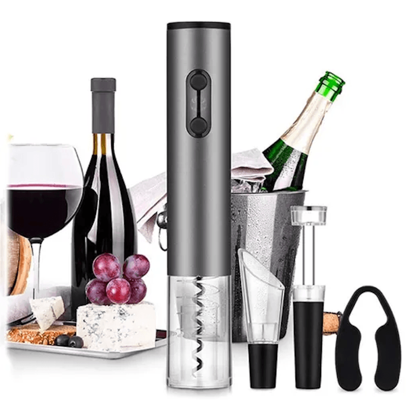 Casa si Gradina - Bucatarie si vesela - Accesorii bar - Tirbusoane si dopuri - Tirbuson electric, Danex, Set deschizator de sticle electric cu patru piese, dop vacuum, palnie vin, cutter folie, punca, Gri - Infinity.ro
