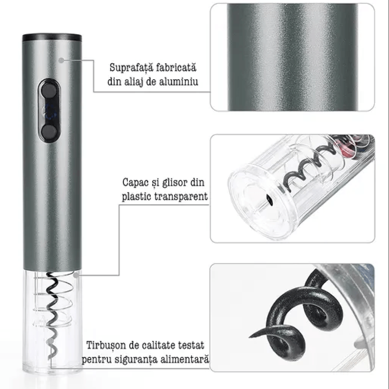 Casa si Gradina - Bucatarie si vesela - Accesorii bar - Tirbusoane si dopuri - Tirbuson electric, Danex, Set deschizator de sticle electric cu patru piese, dop vacuum, palnie vin, cutter folie, punca, Gri - Infinity.ro