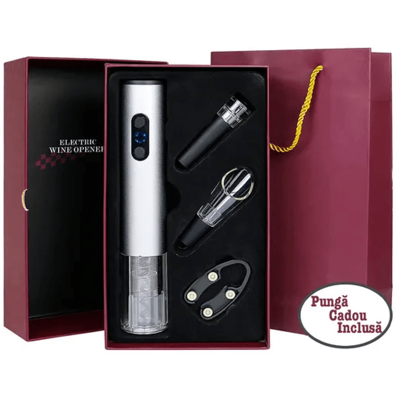 Casa si Gradina - Bucatarie si vesela - Accesorii bar - Tirbusoane si dopuri - Tirbuson electric, Danex, Set deschizator de sticle electric cu patru piese, dop vacuum, palnie vin, cutter folie, punca, Gri - Infinity.ro