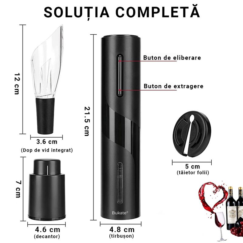 Casa si Gradina - Bucatarie si vesela - Accesorii bar - Tirbusoane si dopuri - Set Tirbuson Electric, 4 in 1cu Taietor de Folie, Dop de Vid si Aerator de Vin, Negru, Bukate® - Infinity.ro