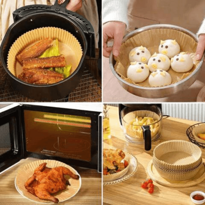Market - Curatenie si intretinere casa - Produse bucatarie - Pungi si folii alimentare - Set 100 bucati hartie de copt pentru air fryer, friteuza, Unica folosinta, Danex, 16x16x4.5 cm, Maro, Rotund - Infinity.ro
