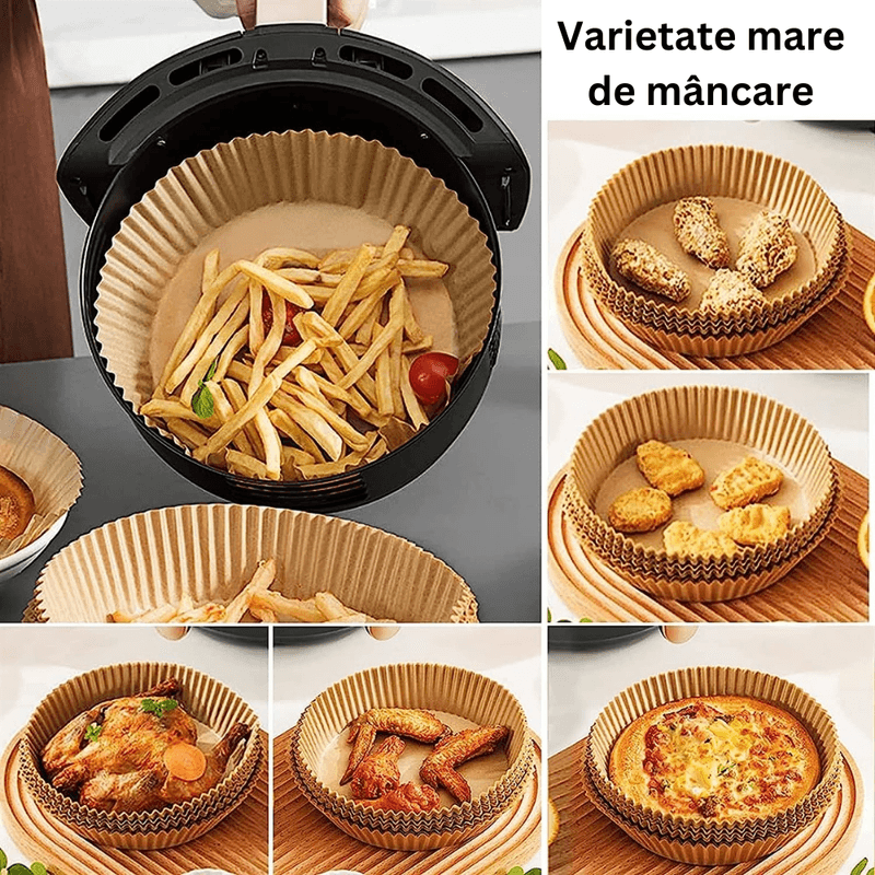 Market - Curatenie si intretinere casa - Produse bucatarie - Pungi si folii alimentare - Set 100 bucati hartie de copt pentru air fryer, friteuza, Unica folosinta, Danex, 16x16x4.5 cm, Maro, Rotund - Infinity.ro