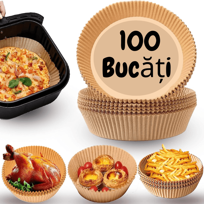 Market - Curatenie si intretinere casa - Produse bucatarie - Pungi si folii alimentare - Set 100 bucati hartie de copt pentru air fryer, friteuza, Unica folosinta, Danex, 16x16x4.5 cm, Maro, Rotund - Infinity.ro