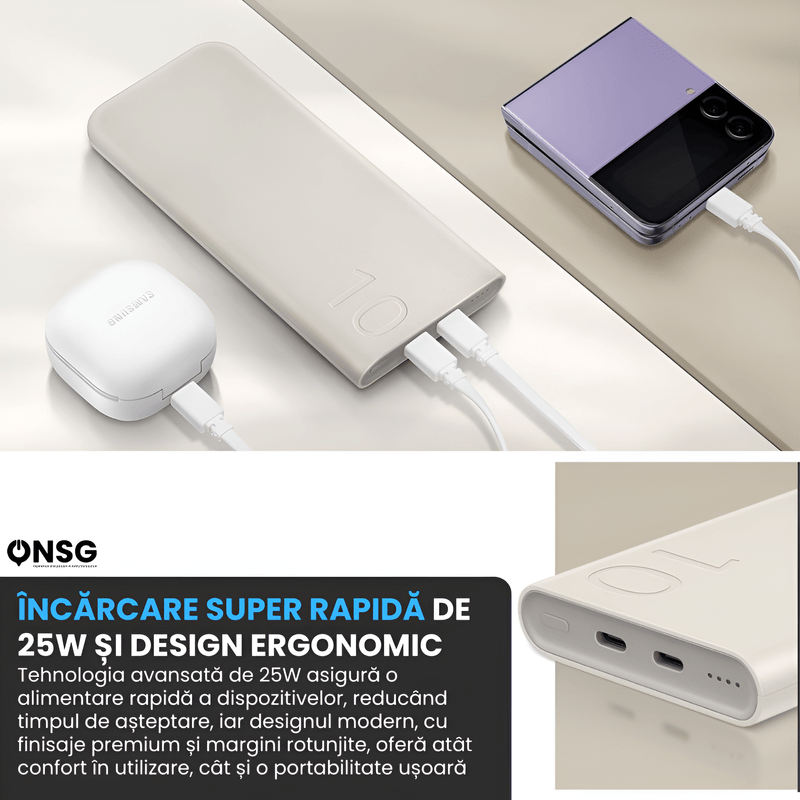 Laptop, Telefoane si Tablete - Telefoane mobile si accesorii - Accesorii Telefoane - Baterii externe - Baterie externa Samsung ONSG®, 10000 mAh, Power Bank, 25W, Bej - Infinity.ro