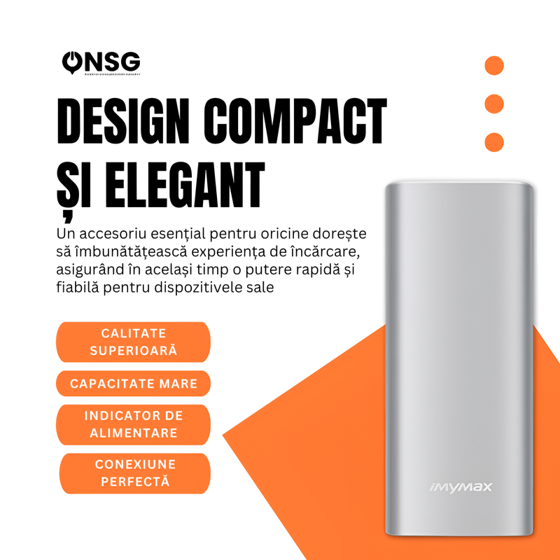 Laptop, Telefoane si Tablete - Telefoane mobile si accesorii - Accesorii Telefoane - Baterii externe - Baterie externa iMYMAX ONSG®, 15000 mAh, Power Bank, Argintiu - Infinity.ro