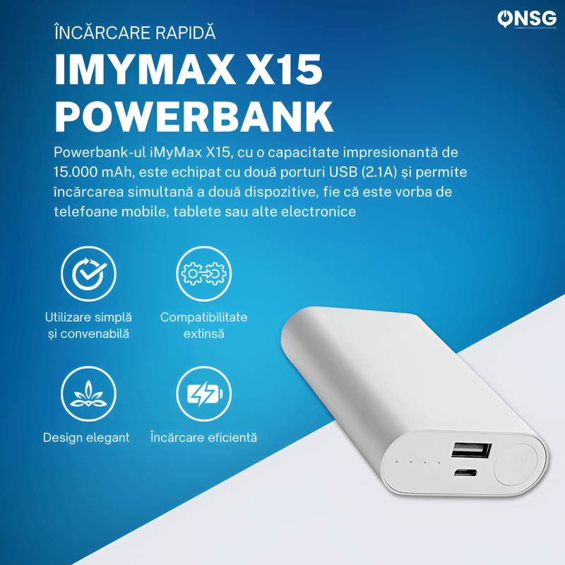 Laptop, Telefoane si Tablete - Telefoane mobile si accesorii - Accesorii Telefoane - Baterii externe - Baterie externa iMYMAX ONSG®, 15000 mAh, Power Bank, Argintiu - Infinity.ro