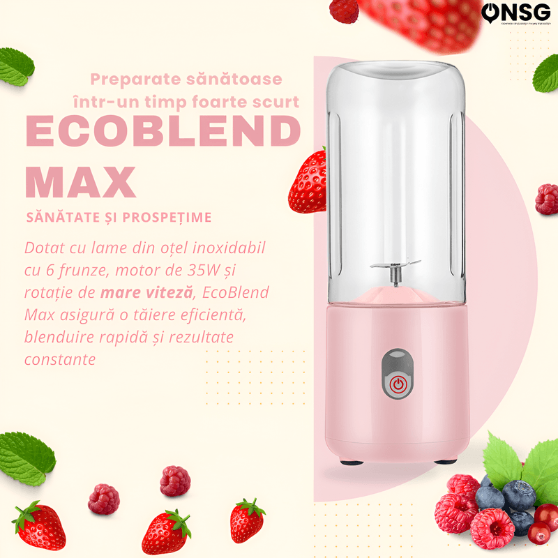 Electronice si Electrocasnice - Electrocasnice bucatarie - Mixere, tocatoare & roboti de bucatarie - Blendere si mini tocatoare - Blender Portabil EcoBlend Max ONSG®, Puternic Tehnologie Avansata, Otel Inoxidabil 6 Lame, 500ml, USB Reincarcabil, Roz - Infinity.ro