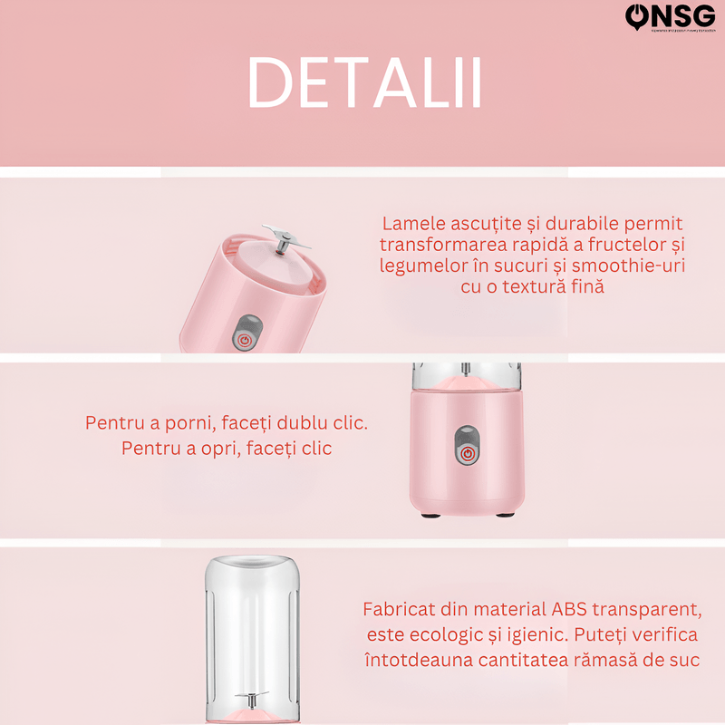 Electronice si Electrocasnice - Electrocasnice bucatarie - Mixere, tocatoare & roboti de bucatarie - Blendere si mini tocatoare - Blender Portabil EcoBlend Max ONSG®, Puternic Tehnologie Avansata, Otel Inoxidabil 6 Lame, 500ml, USB Reincarcabil, Roz - Infinity.ro