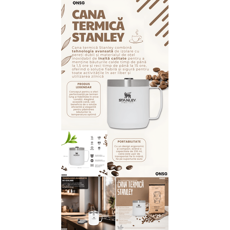 Casa si Gradina - Bucatarie si vesela - Accesorii bar - Termosuri si Cani termos - Cana Termica Stanley 236 ml ONSG®, Izolare Avansata, Mentine Bauturile Calde 1.5 Ore si Reci 15 Ore, Capac Etans, Otel Inoxidabil, Alb - Infinity.ro