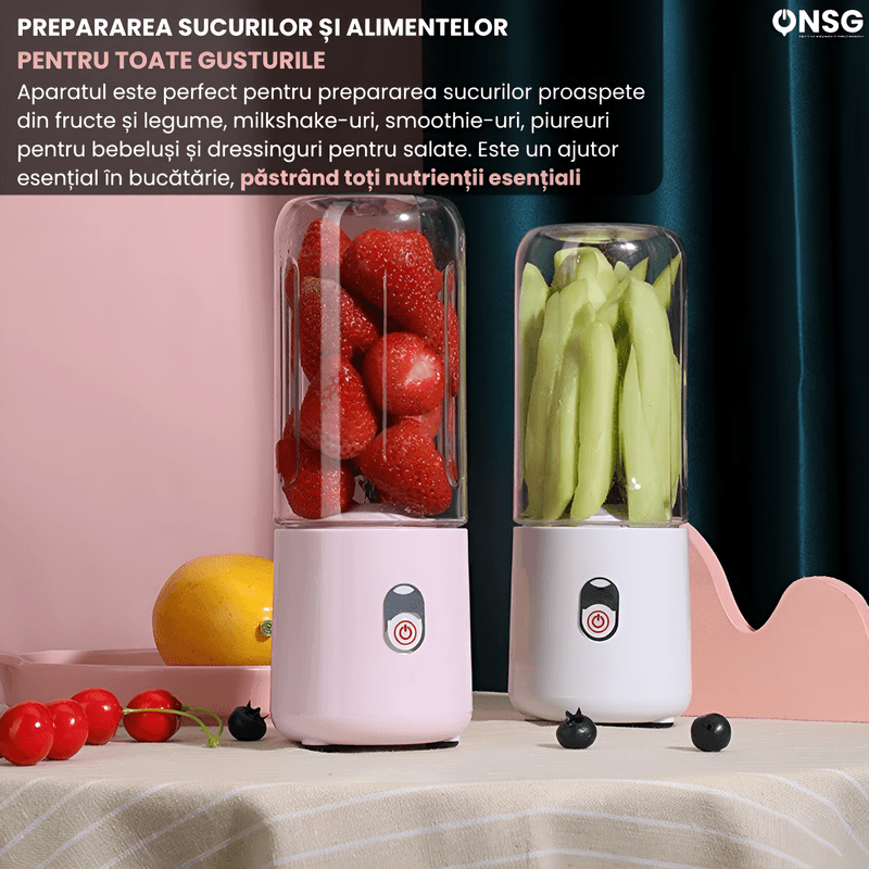 Electronice si Electrocasnice - Electrocasnice bucatarie - Mixere, tocatoare & roboti de bucatarie - Blendere si mini tocatoare - Blender Portabil EcoBlend Max ONSG®, Puternic Tehnologie Avansata, Otel Inoxidabil 6 Lame, 500ml, USB Reincarcabil, Roz - Infinity.ro