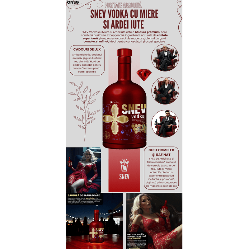 Market - Bauturi - Bauturi alcoolice - Vodka - Vodka SNEV™ by ONSG® cu Miere si Ardei Iute, Alcool Premium, Calitate Inalta, Aroma Unica, Infuzie Naturala, Gust Deosebit, Experienta Senzationala - Infinity.ro
